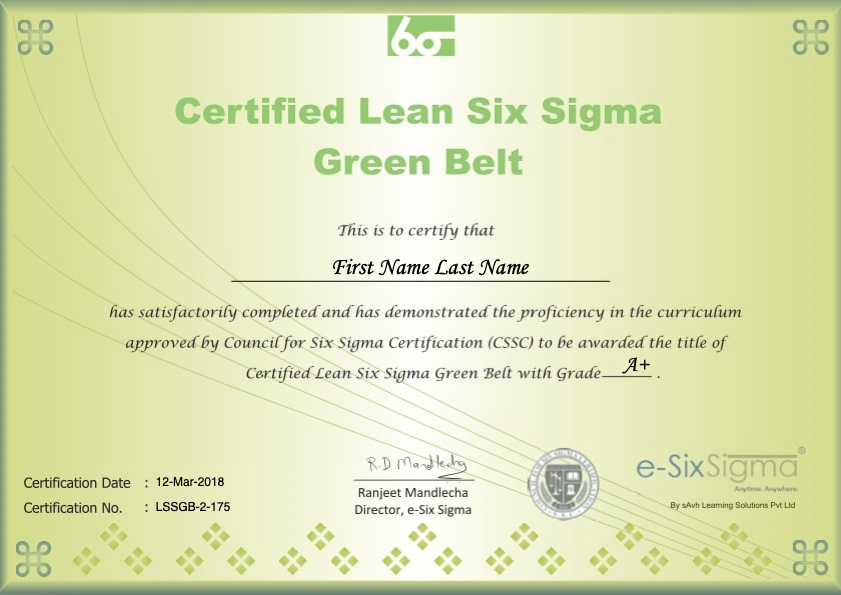 Sample Lean Six Sigma Green Belt Certificate